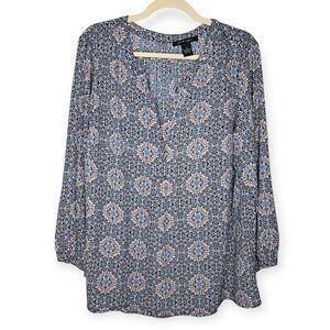 Faith & Zoe Women's Boho Print Long Sleeve Blouse, Size 1X, Blue/Pink, EUC